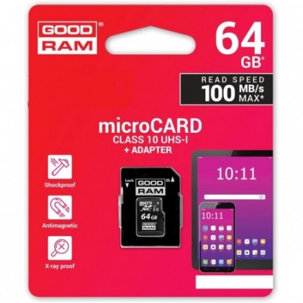 Карта памяти microSDXC 64Gb GoodRam (Class 10) + Adapter SD
